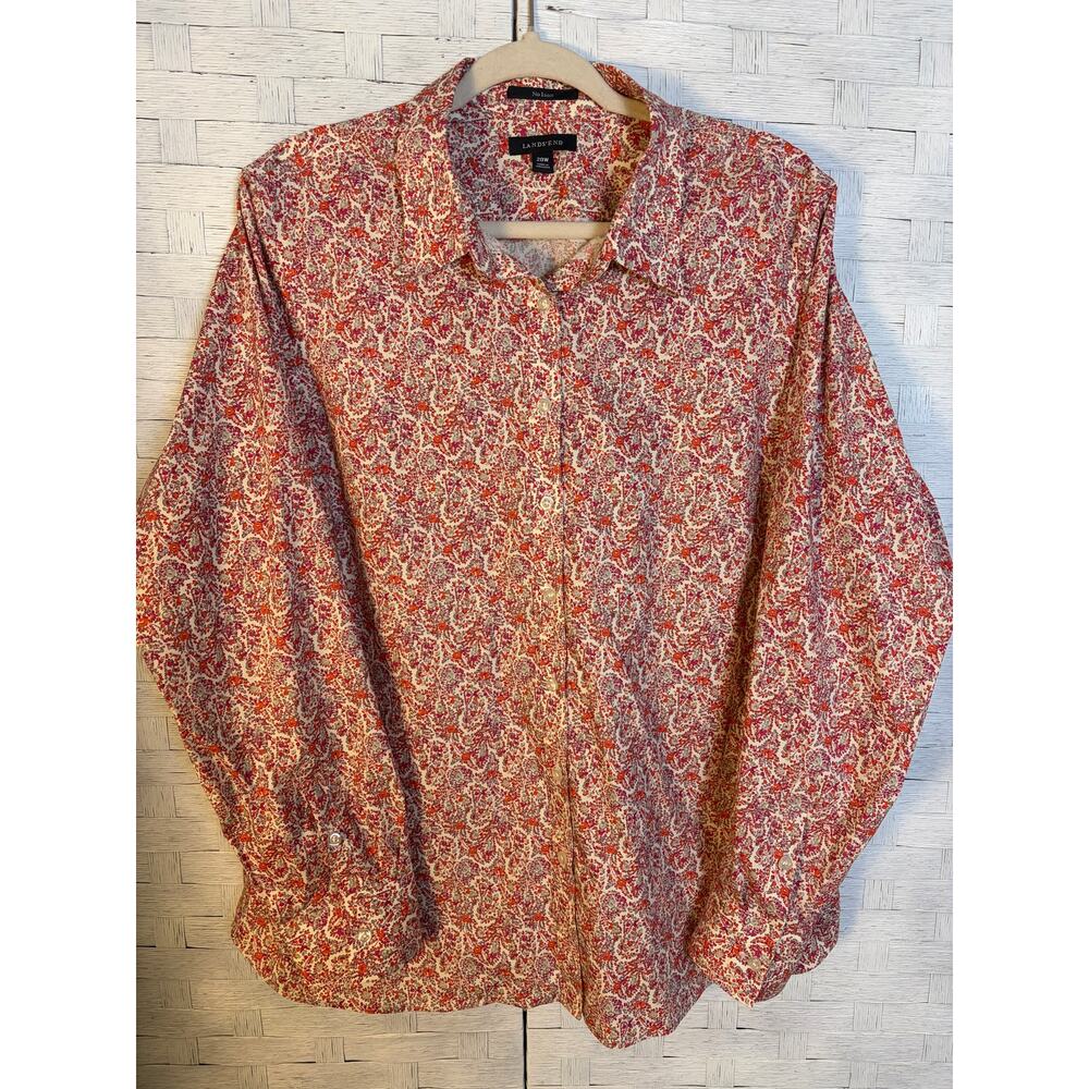 Lands’end womens button up blouse floral wrinkle‎ resistant 3/4 length plus size